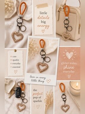 Gold Glitter Heart Keychain Wristlet | Sparkly Heart Bag Charm